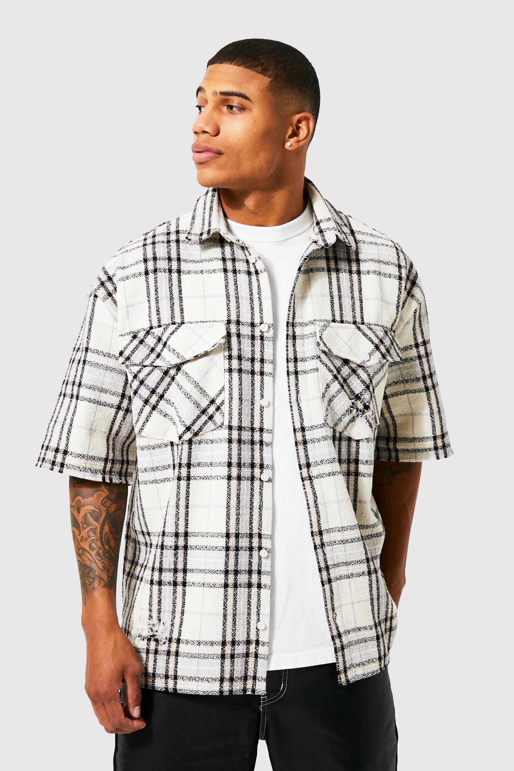 Short Sleeve Boxy Oversize Boucle Check Shirt | boohooMAN USA